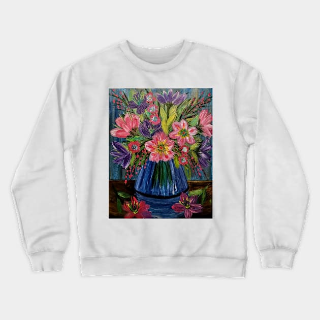 Beautiful floral paintings with abstract flowers in a blue vase Crewneck Sweatshirt by kkartwork